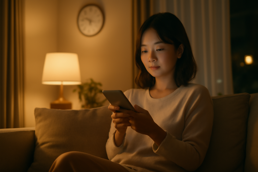夜間・深夜にスマホでオンライン診療サービスを調べる女性
