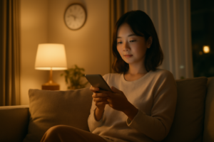 夜間・深夜にスマホでオンライン診療サービスを調べる女性