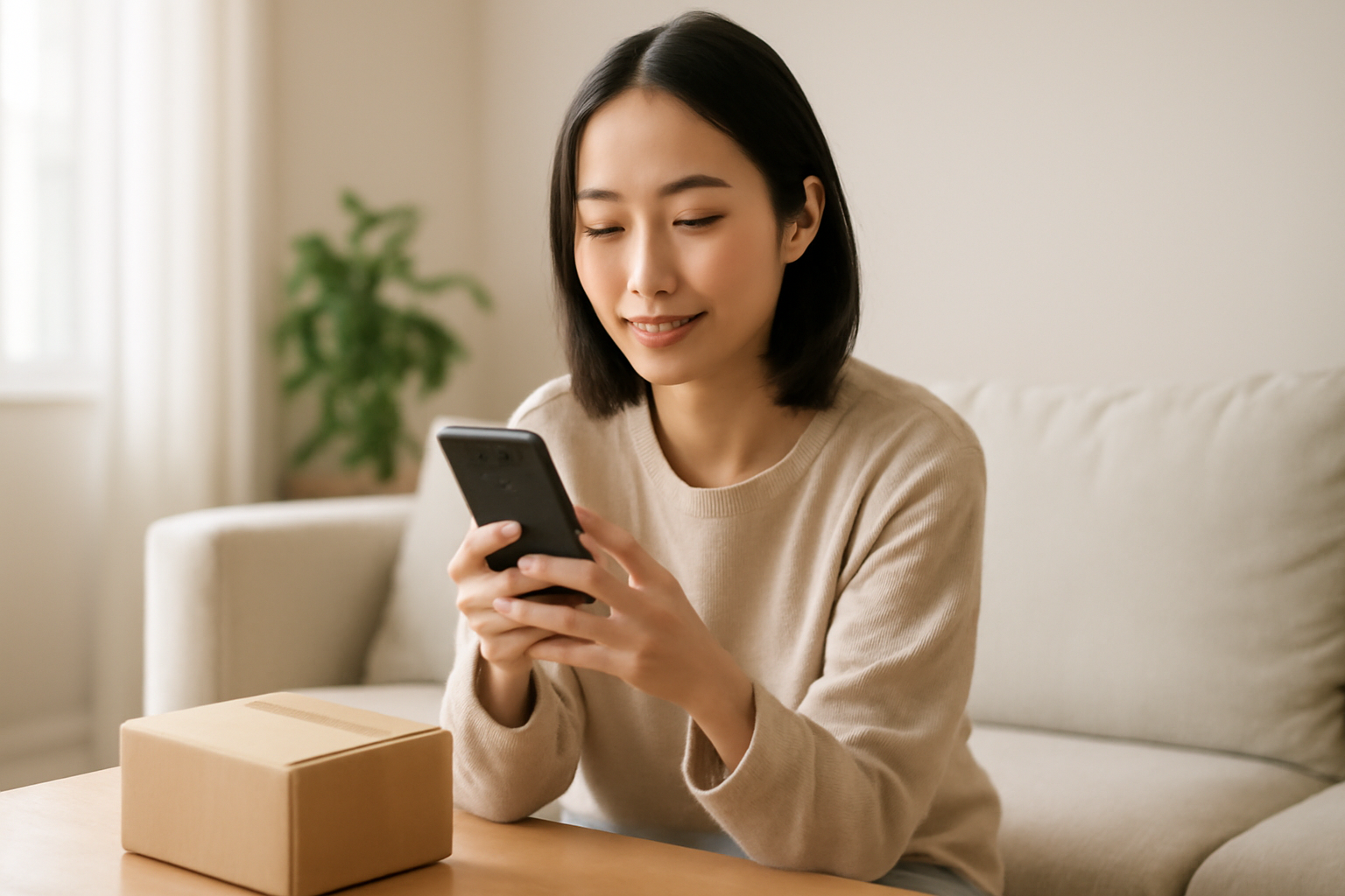自宅でスマホからオンライン診療を利用し、荷物の到着を待つ落ち着いた様子の女性