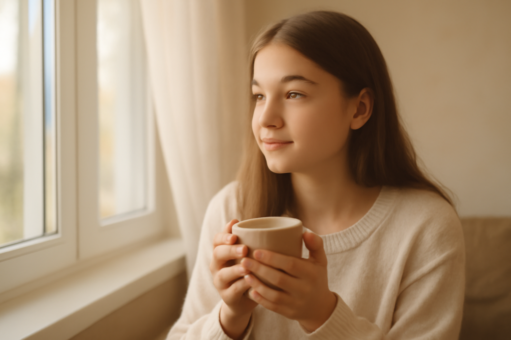 窓辺で温かい飲み物を手に落ち着いた表情で座る若い女性