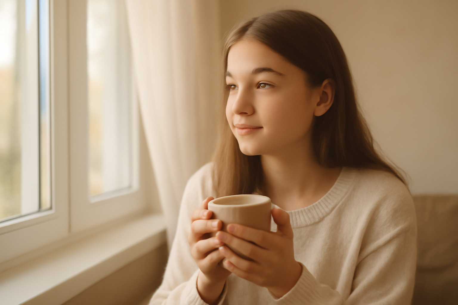 窓辺で温かい飲み物を手に落ち着いた表情で座る若い女性