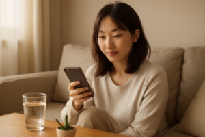 自宅でスマホを見ながら次の避妊を考える20代女性
