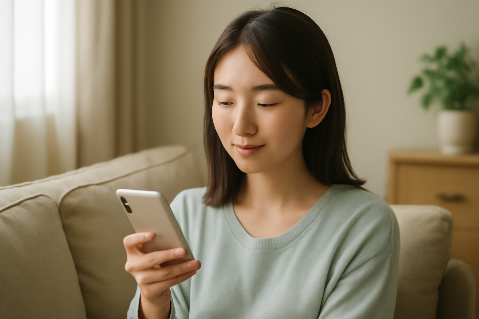 自宅でスマホからオンライン診療を受ける女性のイメージ