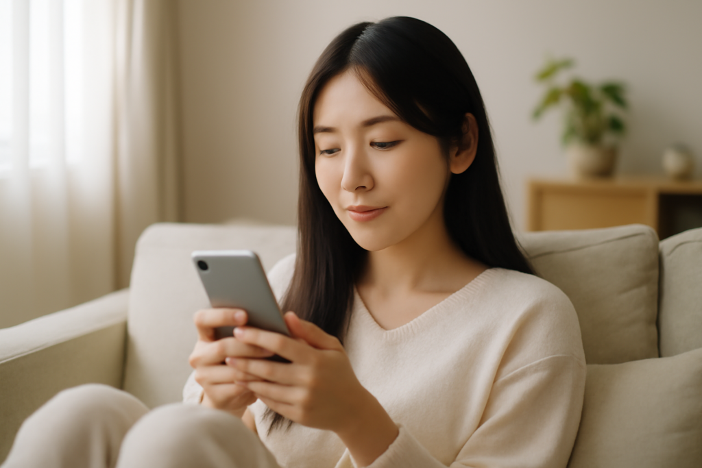 エミシアクリニックの低用量ピルをスマホで相談する女性のイメージ