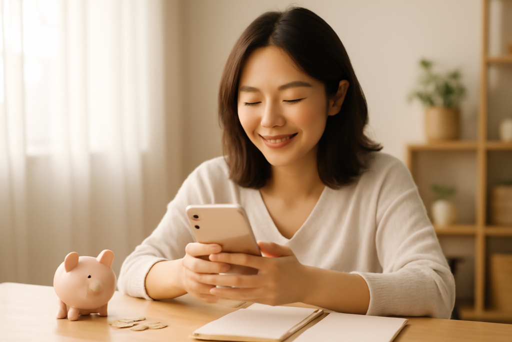 自宅でスマホを見ながら低用量ピルのオンライン診療の料金を比べる女性