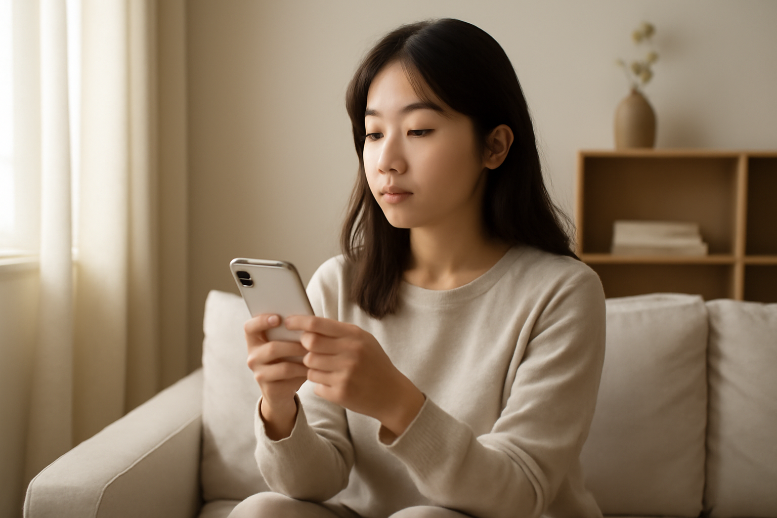 スマホでルナルナ おくすり便とおうちでクリニックを比較する女性