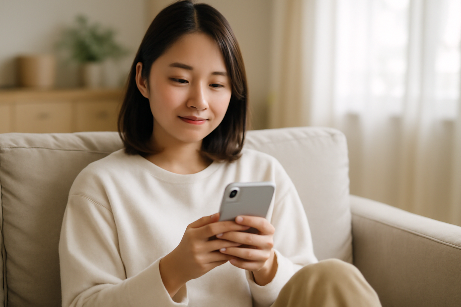 自宅でスマホを使いオンライン診療を受ける女性のイメージ