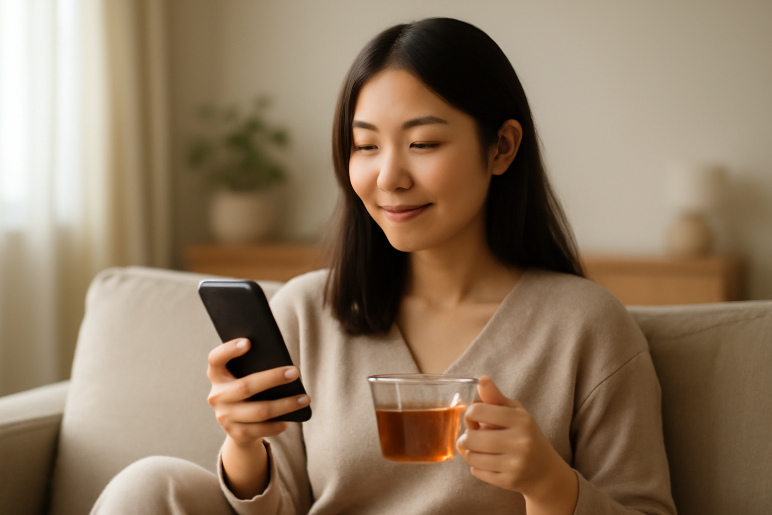 自宅のソファでスマホを見ながらオンライン診療を受ける女性