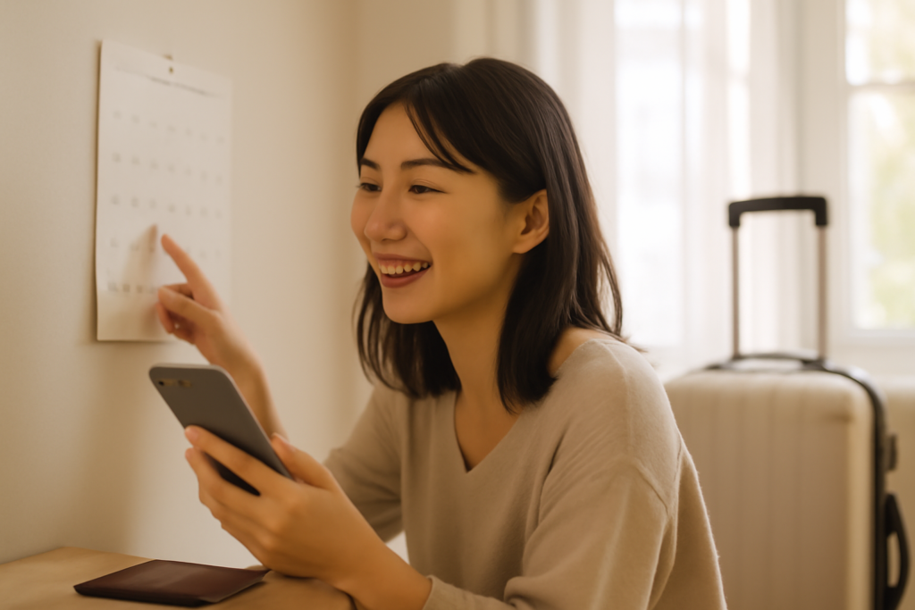 生理日移動のためにスマホと予定表を見ながら旅行の準備をする女性