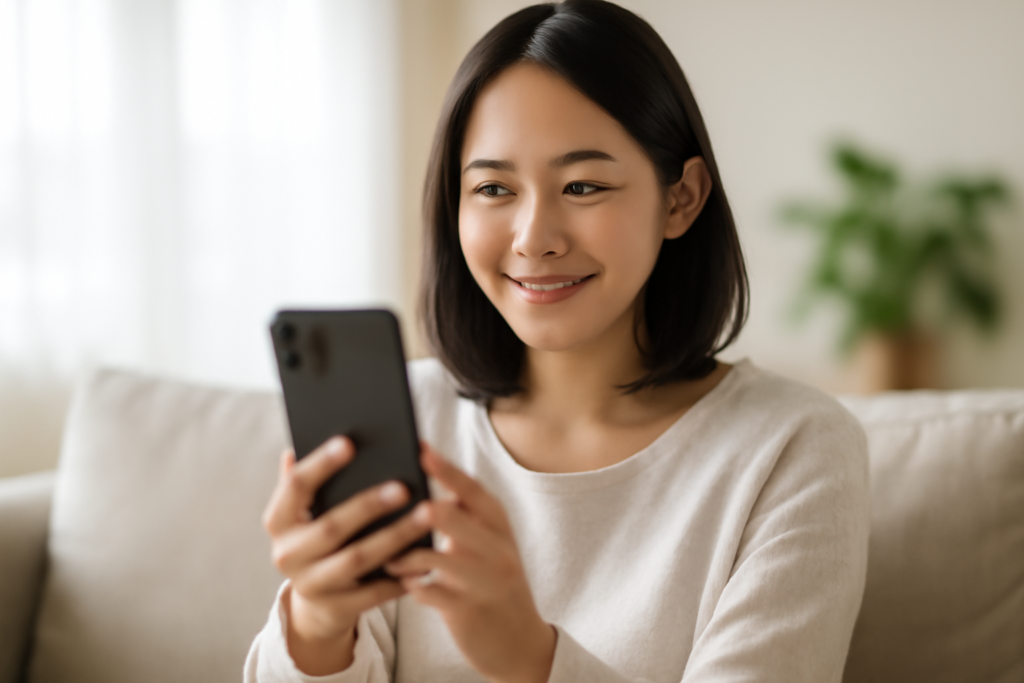 自宅のソファでスマホを使いオンライン診療を受ける女性